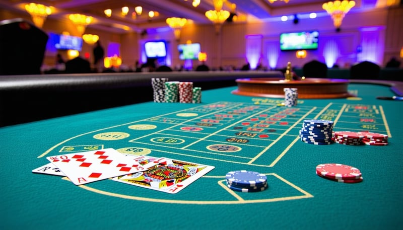 Casino party setup with Blackjack, Craps, Roulette, and Poker tables in a festive event atmosphere. Casino party setup with Blackjack, Craps, Roulette, and Poker tables in a festive event atmosphere.