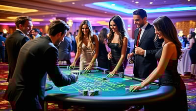 Casino Party People hosting a lively casino-themed party with professional tables and dealers. Casino Party People hosting a lively casino-themed party with professional tables and dealers.