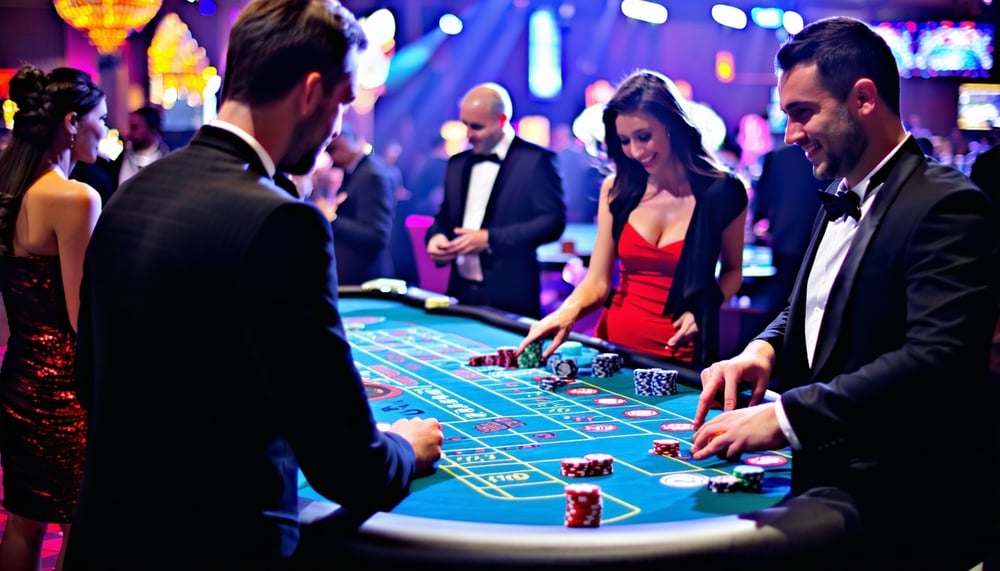 Casino party tables with players and dealers Casino party tables with players and dealers